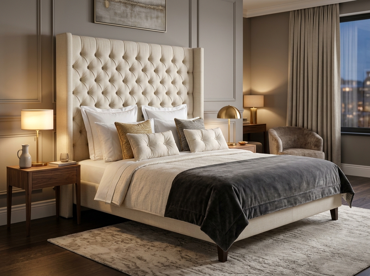 Cama doble con cabecero tapizado estilo capitoné en tela crema - Muebles Rosado Bogotá