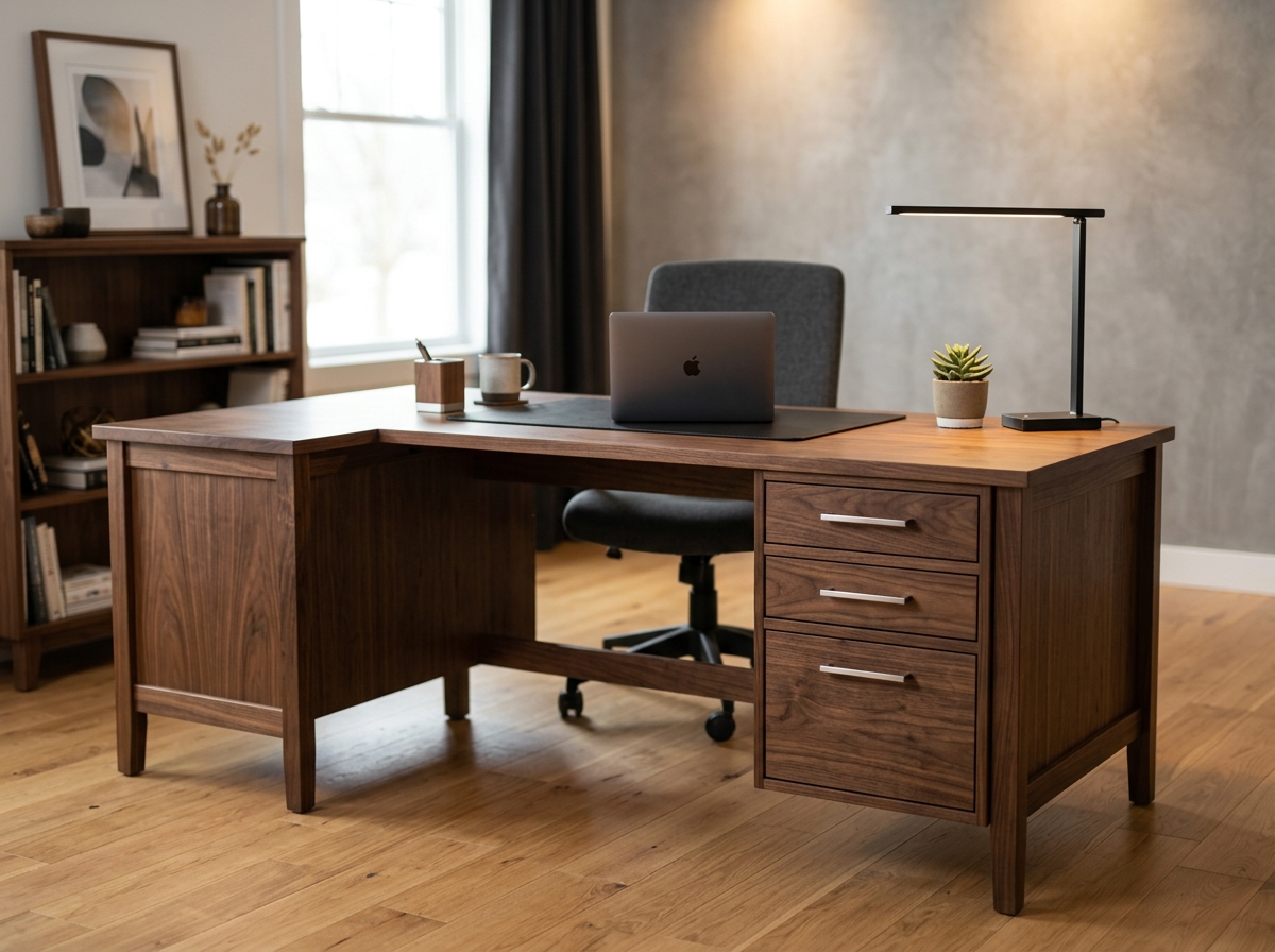 Escritorio ejecutivo en madera nogal oscuro con 3 cajones laterales - Muebles Rosado Bogotá